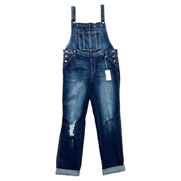 NWT KanCan Distressed Denim Overalls Size XL Dark Wash Jeans Open Back - Picture 2 of 10